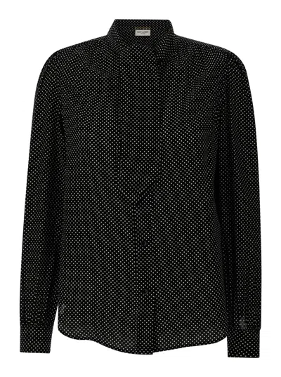 Saint Laurent Black Lavalliére Neck Polka-dot Motif Blouse In Silk Satin Woman