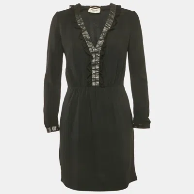 Pre-owned Saint Laurent Black Leather And Lace Trim Crepe Mini Dress M