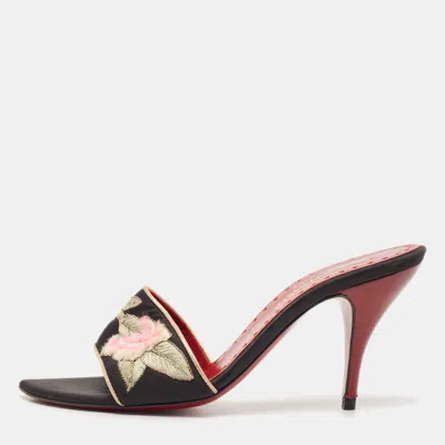 Pre-owned Saint Laurent Black Leather And Satin Flower Embroidered Slide Sandals Size 37.5