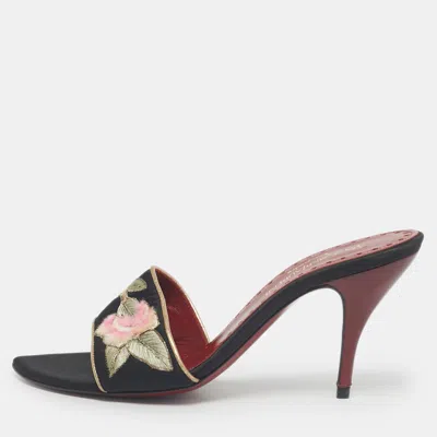 Pre-owned Saint Laurent Black Leather And Satin Flower Embroidered Slide Sandals Size 37.5