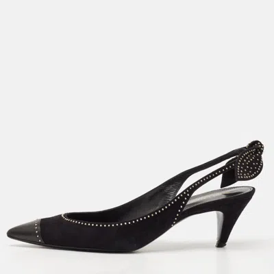 Pre-owned Saint Laurent Black Leather And Suede Charlotte Studded Slingback Pumps Size 39.5