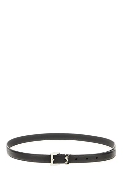 Saint Laurent Squared Buckle Smooth Leather Cassandre Thin Belt Accessories In Black