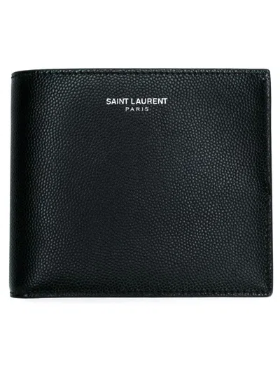 Saint Laurent Black Leather Bi-fold Wallet With Logo For Men