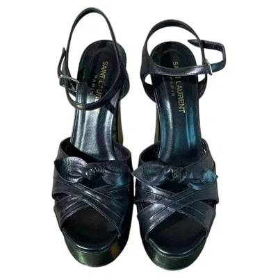 Pre-owned Saint Laurent Black Leather Bianca Knotted Bow Platform Sandals