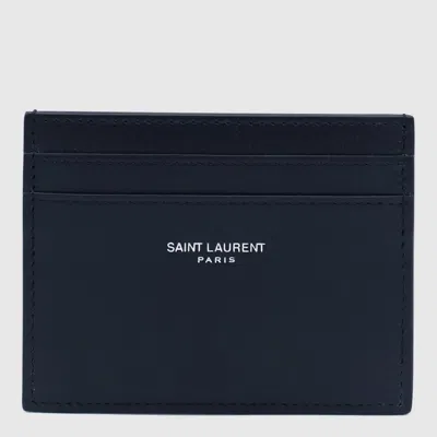 Saint Laurent Black Leather Card Holder In Blue