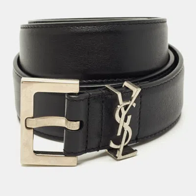 Pre-owned Saint Laurent Black Leather Cassandre Buckle Belt 70cm