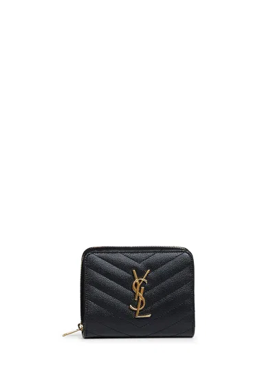 Saint Laurent Black Leather Cassandre Compact Zip Around Wallet