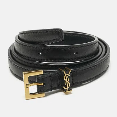 Pre-owned Saint Laurent Black Leather Cassandre Extra Thin Belt 70 Cm