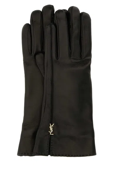 Saint Laurent Black Leather Cassandre Gloves