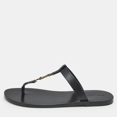 Pre-owned Saint Laurent Black Leather Cassandre Thong Flats Size 45