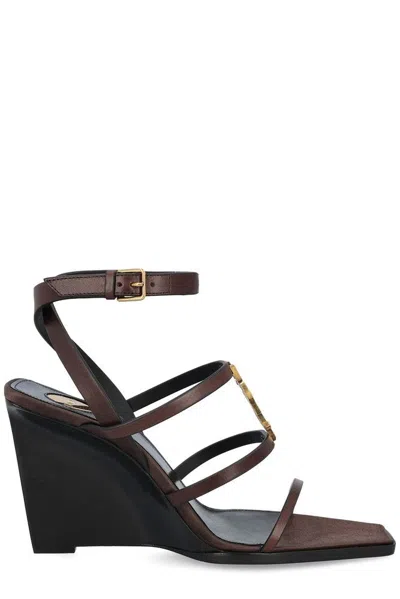 Saint Laurent Black Leather Cassandre Wedges