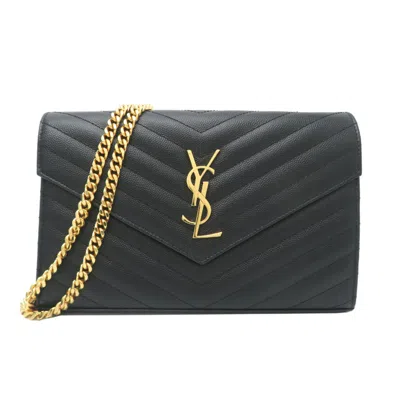 Pre-owned Saint Laurent Black Leather Chain/shoulder Wallet ()