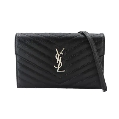 Pre-owned Saint Laurent Black Leather Chain/shoulder Wallet ()