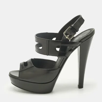 Pre-owned Saint Laurent Black Leather Double Cutout Strap Ankle Strap Sandals Size 36.5
