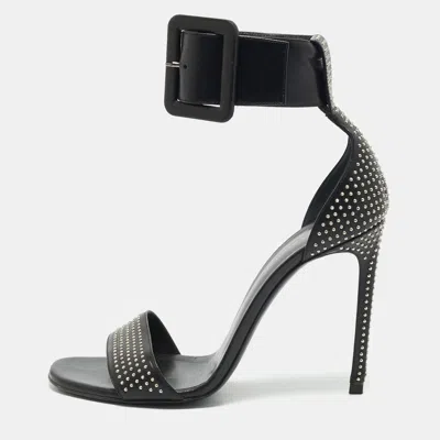 Pre-owned Saint Laurent Black Leather Embellished Ankle Strap Sandals Size 39.5
