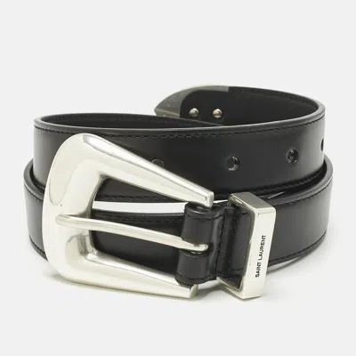 Pre-owned Saint Laurent Black Leather Folk Buckle Belt 70 Cm