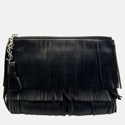 Pre-owned Saint Laurent Black Leather Fringe Clutch
