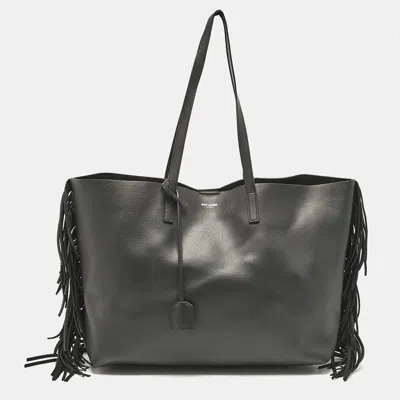 Pre-owned Saint Laurent Black Leather Fringe Large Shopper Tote