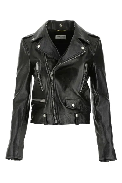 Saint Laurent Belted Leather Zip-up Jacket In Black