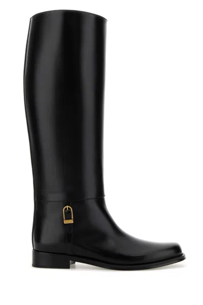 Saint Laurent Julia Buckle-embellished Leather Knee Boots In Black