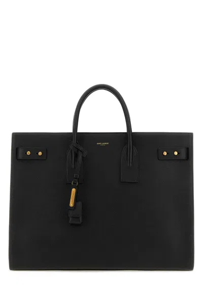 Saint Laurent Leather Handbag With Frontal Logo Print In Black