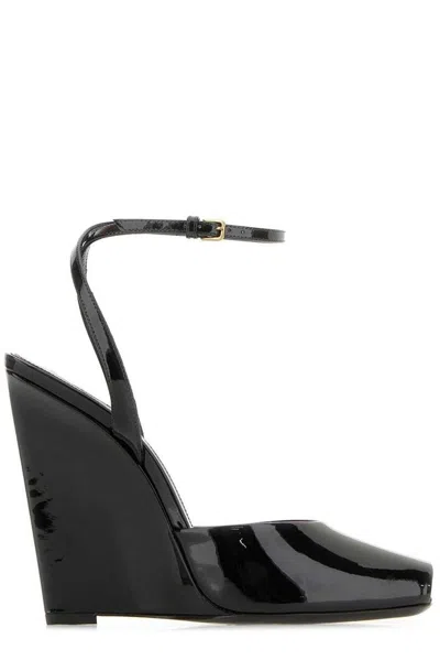 Saint Laurent La Scandale 110 Patent Leather Wedge Sandals In Black