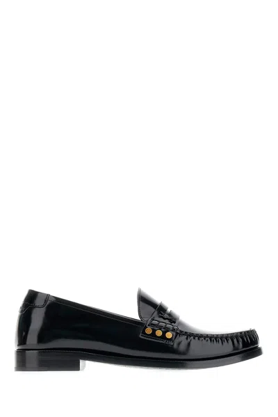 Saint Laurent Leather Fringed Loafers With Metal Studs In Black