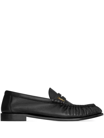 SAINT LAURENT BLACK LEATHER SLIP ON LOAFERS