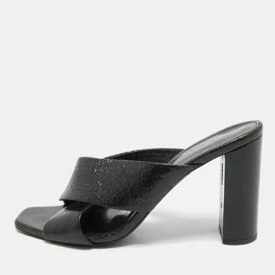 Pre-owned Saint Laurent Black Leather Loulou Criss Cross Block Heel Sandals Size 40