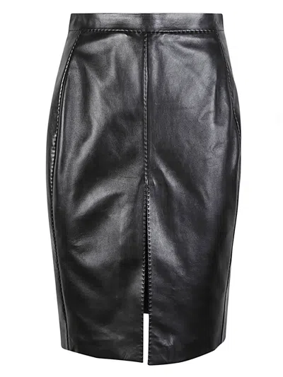 Saint Laurent Black Leather Midi Skirt For Women