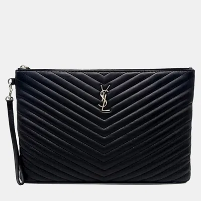 Pre-owned Saint Laurent Black Leather Monogram Clutch Bag