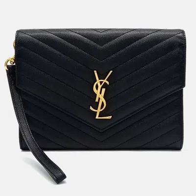 Pre-owned Saint Laurent Black Leather Monogram Envelope Clutch
