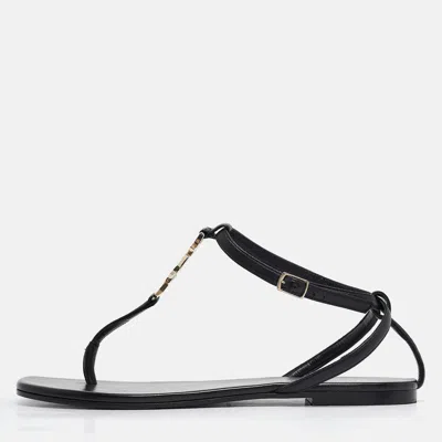 Pre-owned Saint Laurent Black Leather Monogram T Strap Flats Size 36.5