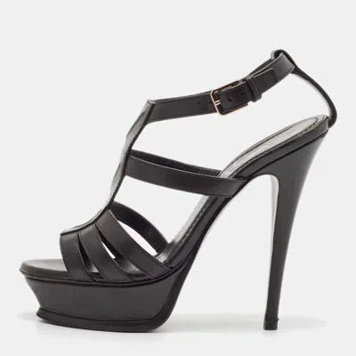 Pre-owned Saint Laurent Black Leather New Riveg Platform Sandals Size 36