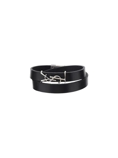 Saint Laurent Black Leather Opyum Bracelet In Nero