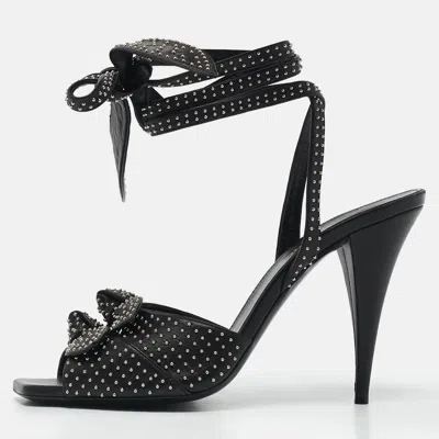 Pre-owned Saint Laurent Black Leather Pearls Embellished Ankle Wrap Sandals Size 40