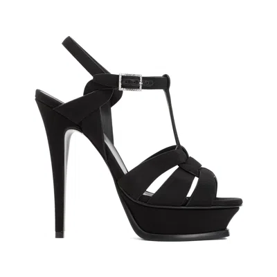 Saint Laurent Black Leather Platform Sandals For Women With 13.5cm Silk Heels