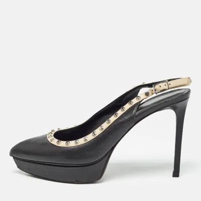 Pre-owned Saint Laurent Black Leather Studded Platform Pointed Toe Slingback Pumps Size 38.5