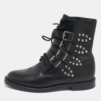 Pre-owned Saint Laurent Black Leather Studded Rangers Ankle Boots Size 40