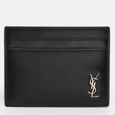 Pre-owned Saint Laurent Black Leather Tiny Cassandre Card Holder