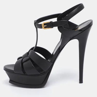 Pre-owned Saint Laurent Black Leather Tribute Ankle Strap Sandals Size 38.5