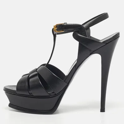 Pre-owned Saint Laurent Black Leather Tribute Ankle Strap Sandals Size 39.5