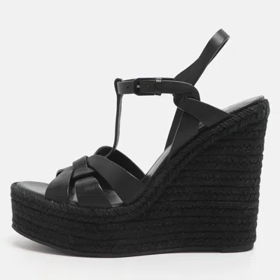 Pre-owned Saint Laurent Black Leather Tribute Espadrille Wedge Sandals Size 39.5