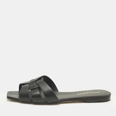 Pre-owned Saint Laurent Black Leather Tribute Flat Sandals Size 37.5