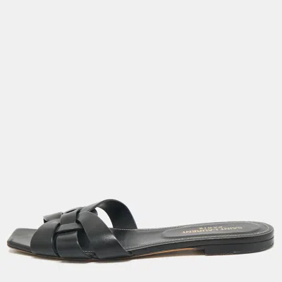 Pre-owned Saint Laurent Black Leather Tribute Flat Sandals Size 38