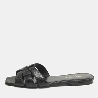 Pre-owned Saint Laurent Black Leather Tribute Flat Slide Size 37