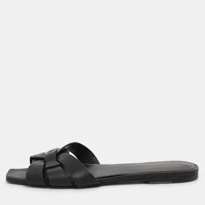 Pre-owned Saint Laurent Black Leather Tribute Flats Size 37.5