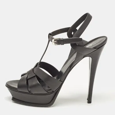 Pre-owned Saint Laurent Black Leather Tribute Platform Ankle Strap Sandals Size 41