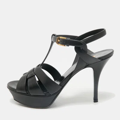 Pre-owned Saint Laurent Black Leather Tribute Platform Sandals Size 37.5