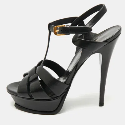 Pre-owned Saint Laurent Black Leather Tribute Platform Sandals Size 38